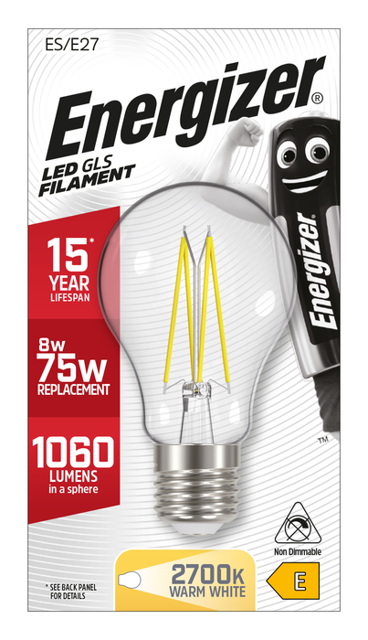 Energizer 8W 1060lm E27 ES GLS Filament LED Bulb Warm White 2700K - westbasedirect.com