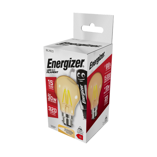 Energizer 4W 320lm B22 BC GLS Filament Gold LED Bulb Warm White 2200K - westbasedirect.com