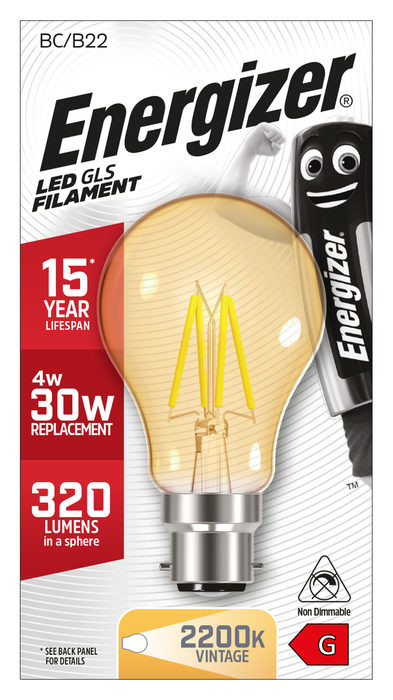 Energizer 4W 320lm B22 BC GLS Filament Gold LED Bulb Warm White 2200K - westbasedirect.com