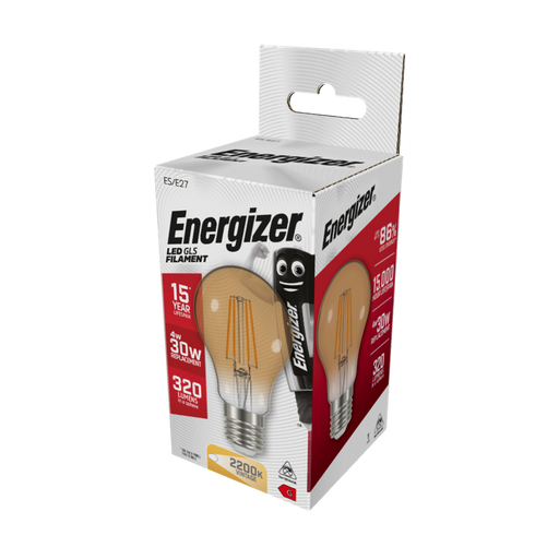 Energizer 4W 320lm E27 ES GLS Filament Gold LED Bulb Warm White 2200K - westbasedirect.com