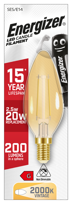 Energizer 2.6W 200lm E14 SES Candle Filament Gold LED Bulb Warm White 2200K - westbasedirect.com