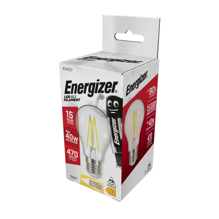 Energizer 4W 470lm E27 ES GLS Filament LED Bulb Warm White 2700K - westbasedirect.com