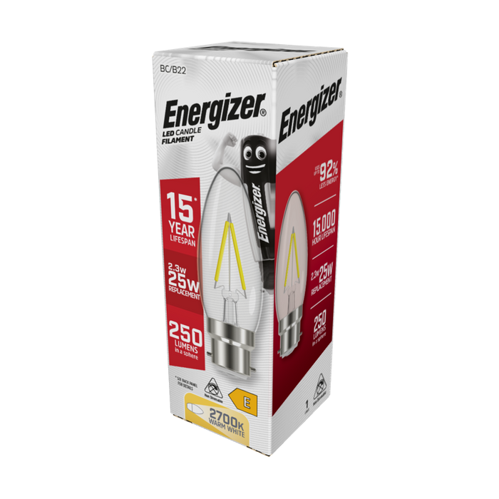 Energizer 2.3W 250lm B22 BC Candle Filament LED Bulb Warm White 2700K - westbasedirect.com