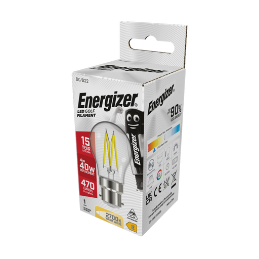 Energizer 4W 470lm B22 BC Golf Filament LED Bulb Warm White 2700K - westbasedirect.com
