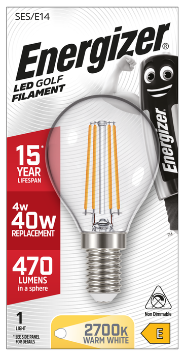 Energizer 4W 470lm E14 SES Golf Filament LED Bulb Warm White 2700K - westbasedirect.com