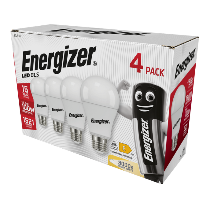 Energizer 13.2W 1521lm E27 ES GLS LED Bulb Opal Warm White 3000K (4 Pack) - westbasedirect.com
