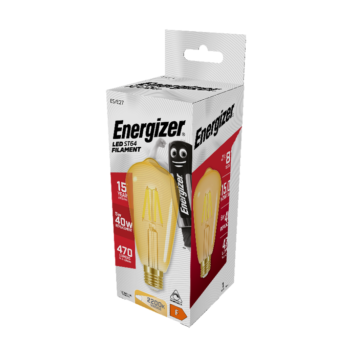 Energizer 5W 470lm E27 ES ST64 Filament Gold LED Bulb Warm White 2200K Dimmable - westbasedirect.com