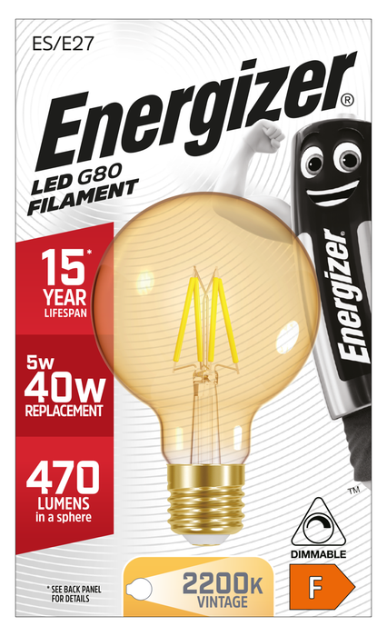 Energizer 5W 470lm E27 ES G80 Filament Gold LED Bulb Warm White 2200K Dimmable - westbasedirect.com
