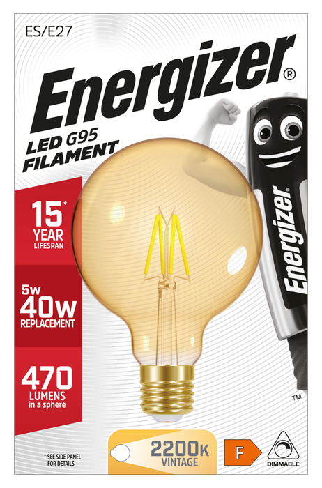 Energizer 5W 470lm E27 ES G95 Filament Gold LED Bulb Warm White 2200K Dimmable - westbasedirect.com