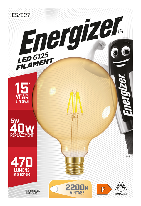 Energizer 5W 470lm E27 ES G125 Filament Gold LED Bulb Warm White 2200K Dimmable - westbasedirect.com