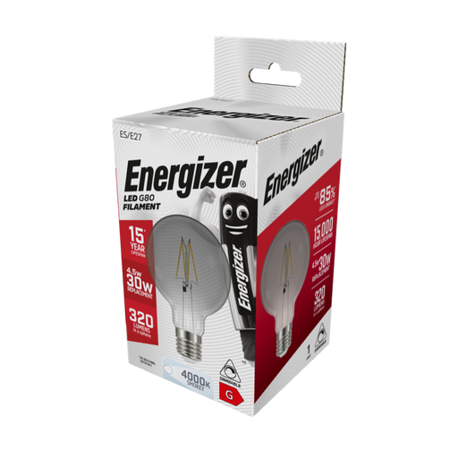 Energizer 4.5W 320lm E27 ES G80 Filament Smokey LED Bulb Cool White 4000K Dimmable - westbasedirect.com