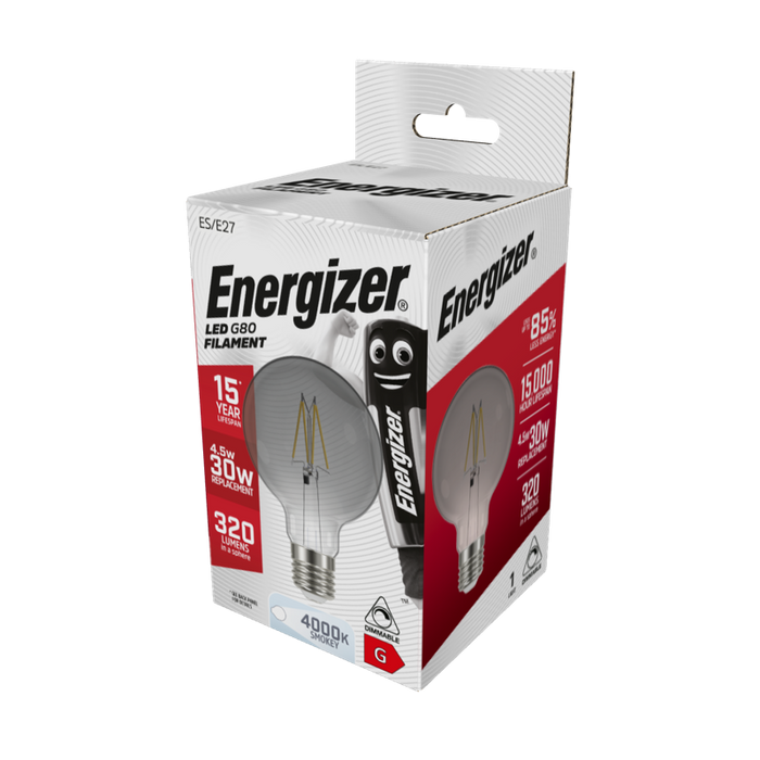 Energizer 4.5W 320lm E27 ES G80 Filament Smokey LED Bulb Cool White 4000K Dimmable - westbasedirect.com