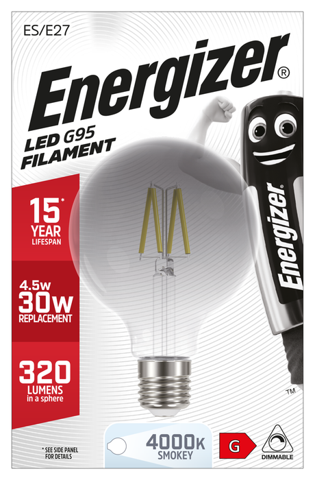 Energizer 4.5W 320lm E27 ES G95 Filament Smokey LED Bulb Cool White 4000K Dimmable - westbasedirect.com