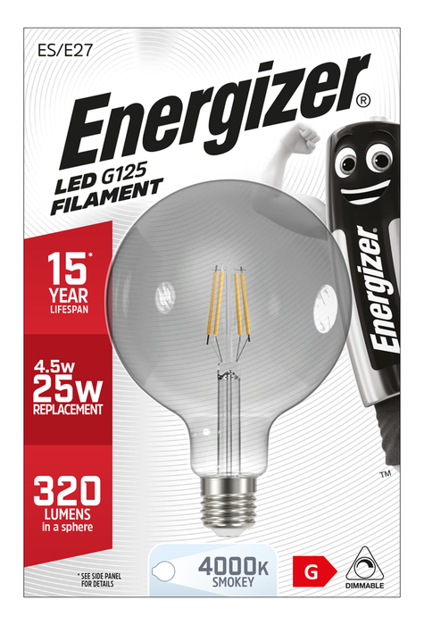 Energizer 4.5W 320lm E27 ES G125 Filament Smokey LED Bulb Cool White 4000K Dimmable - westbasedirect.com
