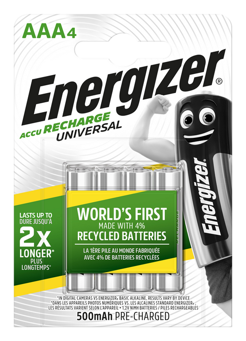 Energizer E301375701 Rech. Universal AAA 500mAh | 4 Pack - westbasedirect.com