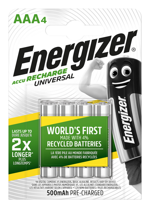 Energizer E301375701 Rech. Universal AAA 500mAh | 4 Pack - westbasedirect.com