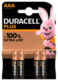 Duracell +100% Plus Power AAA LR03 MN2400 Alkaline Batteries | 4 Pack