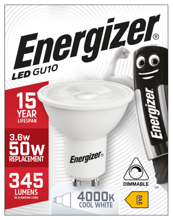 Energizer 4.6W 375lm GU10 Spotlight LED Bulb Cool White 4000K Dimmable - westbasedirect.com