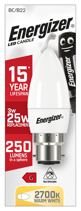 Energizer 3.3W 250lm B22 BC Candle LED Bulb Opal Warm White 2700K - westbasedirect.com