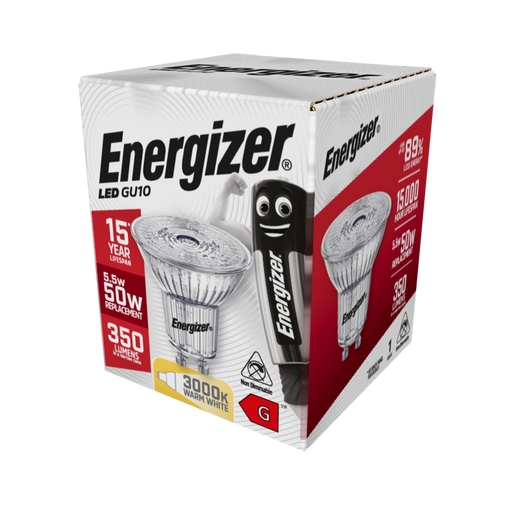 Energizer 5.5W 375lm GU10 Spotlight LED Bulb Full Glass Warm White 3000K Dimmable - westbasedirect.com