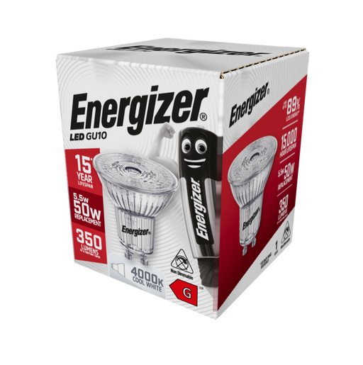 Energizer 5.5W 375lm GU10 Spotlight LED Bulb Full Glass Cool White 4000K Dimmable - westbasedirect.com