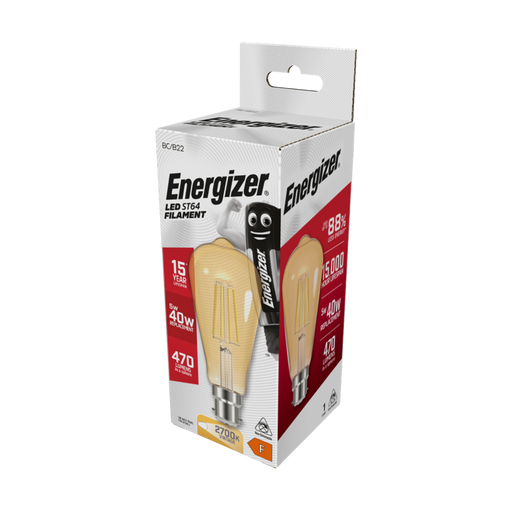 Energizer 5W 470lm B22 BC ST64 Filament Gold LED Bulb Warm White 2700K - westbasedirect.com
