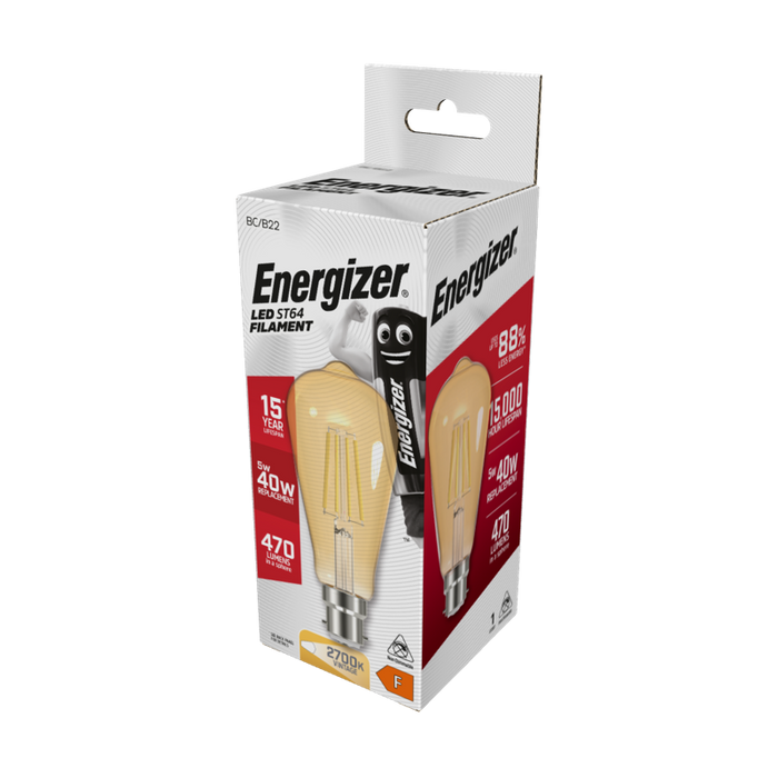Energizer 5W 470lm B22 BC ST64 Filament Gold LED Bulb Warm White 2700K - westbasedirect.com
