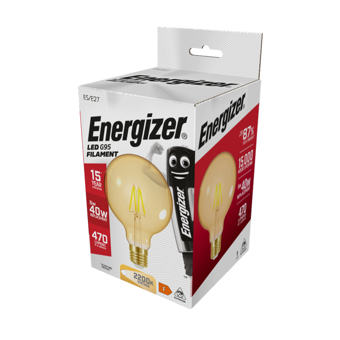Energizer 5W 470lm E27 ES G95 Filament Gold LED Bulb Warm White 2700K - westbasedirect.com
