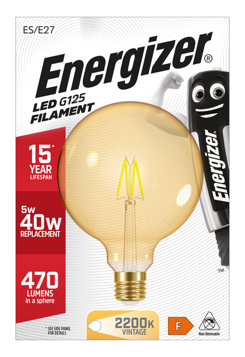 Energizer 5W 470lm E27 ES G125 Filament Gold LED Bulb Warm White 2200K - westbasedirect.com