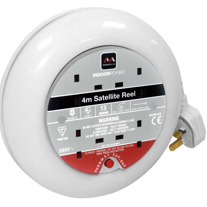 Masterplug SATT0413/4W 4 Socket 4m 13A Satellite Reel - White - westbasedirect.com