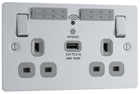 BG SBS22UWRG Flatplate Screwed 13A Double Socket + Wifi Extender +1x USB(2.1A) - Grey Insert - Brushed Steel