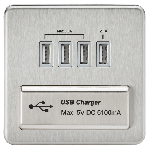 Knightsbridge SFQUADBCG Screwless Quad USB Charger Outlet (5.1A) - Brushed Chrome + Grey Insert - westbasedirect.com
