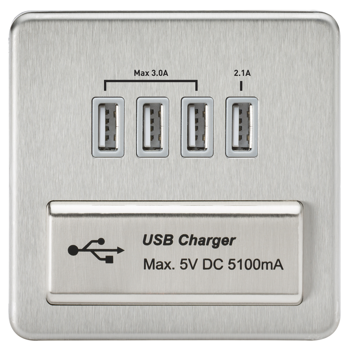 Knightsbridge SFQUADBCG Screwless Quad USB Charger Outlet (5.1A) - Brushed Chrome + Grey Insert - westbasedirect.com