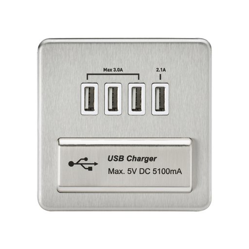 Knightsbridge SFQUADBCW Screwless Quad USB Charger Outlet (5.1A) - Brushed Chrome + White Insert - westbasedirect.com