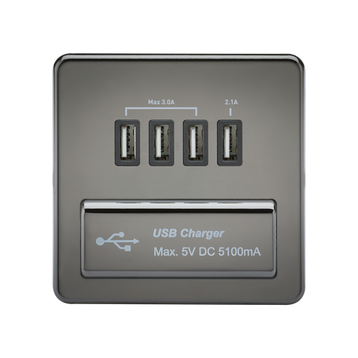 Knightsbridge SFQUADBN Screwless Quad USB Charger Outlet (5.1A) - Black Nickel + Black Insert - westbasedirect.com