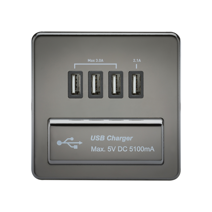 Knightsbridge SFQUADBN Screwless Quad USB Charger Outlet (5.1A) - Black Nickel + Black Insert - westbasedirect.com
