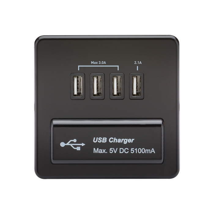 Knightsbridge SFQUADMB Screwless Quad USB Charger Outlet (5.1A) - Matt Black + Black Insert - westbasedirect.com