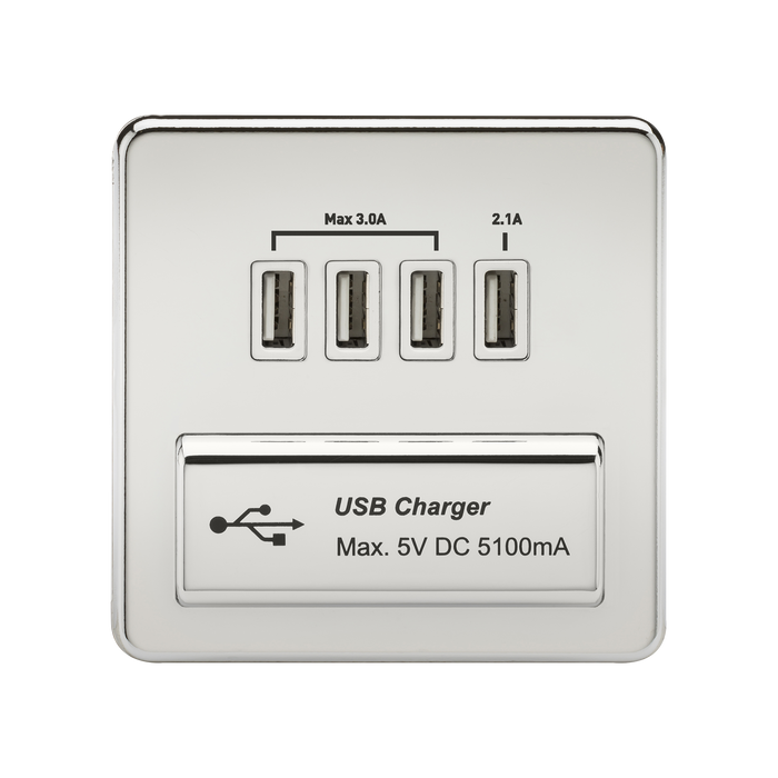 Knightsbridge SFQUADPCW Screwless Quad USB Charger Outlet 5.1A - Polished Chrome + White Insert - westbasedirect.com