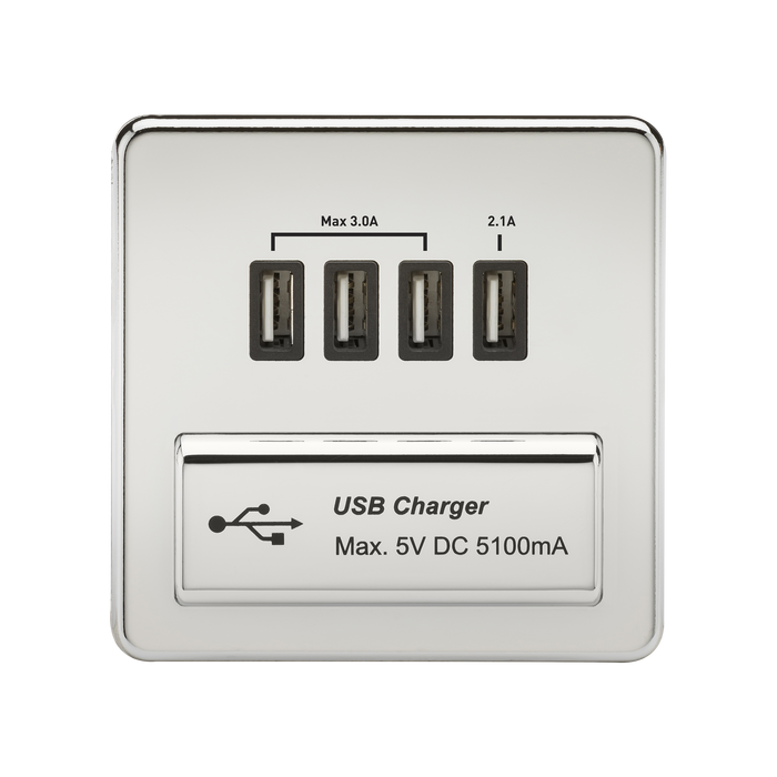Knightsbridge SFQUADPC Screwless Quad USB Charger Outlet 5.1A - Polished Chrome + Black Insert - westbasedirect.com