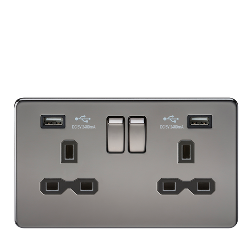 Knightsbridge SFR9224BN Screwless 13A 2G Switched Socket + 2xUSB (2.4A) - Black Nickel + Black Insert - westbasedirect.com