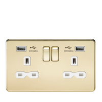 Knightsbridge SFR9224PBW Screwless 13A 2G Switch Socket + 2xUSB 2.4A - Polished Brass + White Insert