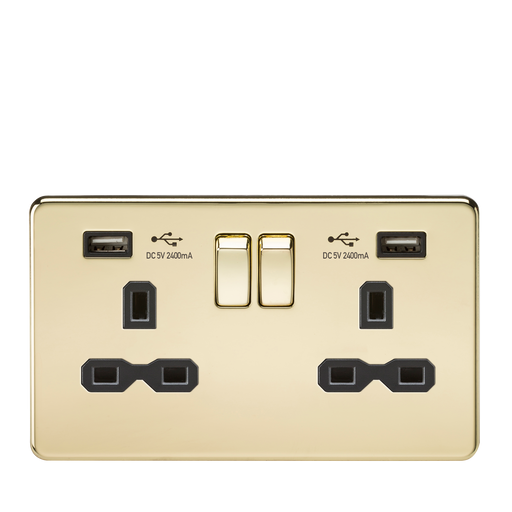 Knightsbridge SFR9224PB Screwless 13A 2G Switch Socket + 2xUSB 2.4A - Polished Brass + Black Insert - westbasedirect.com