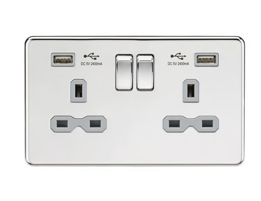 Knightsbridge SFR9224PCG Screwless 13A 2G Switch Socket + 2xUSB 2.4A - Polished Chrome + Grey Insert - westbasedirect.com