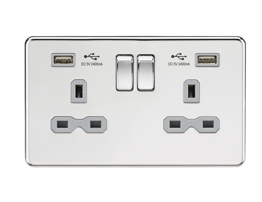 Knightsbridge SFR9224PCG Screwless 13A 2G Switch Socket + 2xUSB 2.4A - Polished Chrome + Grey Insert - westbasedirect.com