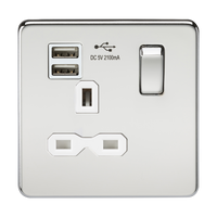 Knightsbridge SFR9901PCW Screwless 13A 1G Switch Socket + 2xUSB 2.1A - Polished Chrome + White Insert