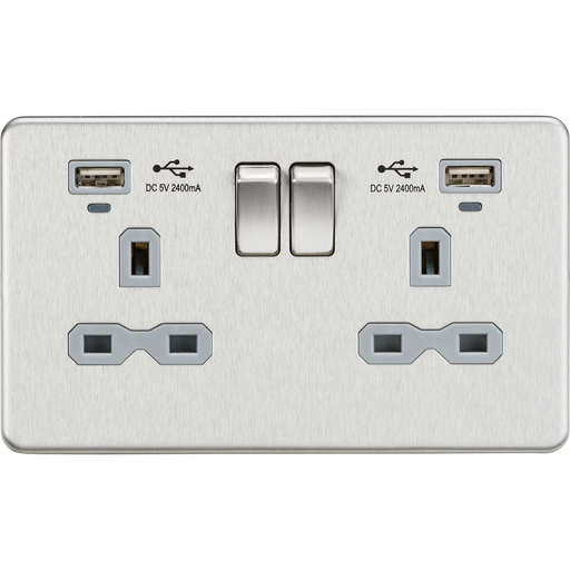 Knightsbridge SFR9904NBCG Screwless 13A 2G Switched Socket + 2x USB (2.4A) + LED Indicators - Brushed Chrome + Grey Insert - westbasedirect.com