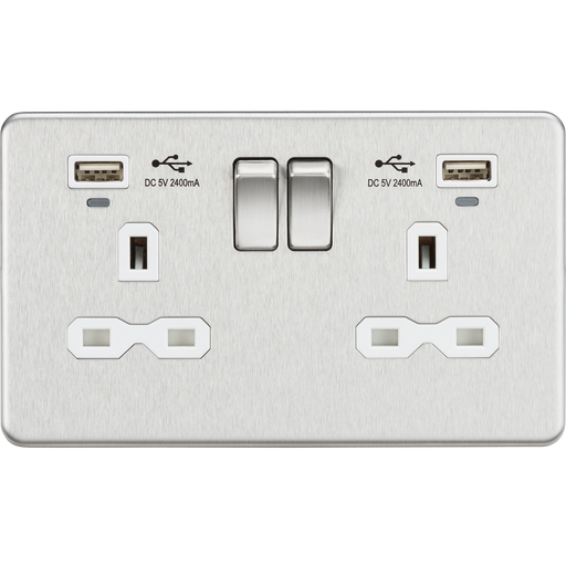Knightsbridge SFR9904NBCW Screwless 13A 2G Switched Socket + 2x USB (2.4A) + LED Indicators - Brushed Chrome + White Insert - westbasedirect.com