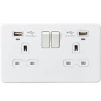 Knightsbridge SFR9904NMW Screwless 13A 2G Switched Socket + 2x USB (2.4A) + LED Indicators - Matt White