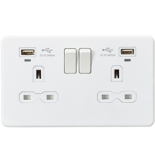 Knightsbridge SFR9904NMW Screwless 13A 2G Switched Socket + 2x USB (2.4A) + LED Indicators - Matt White - westbasedirect.com