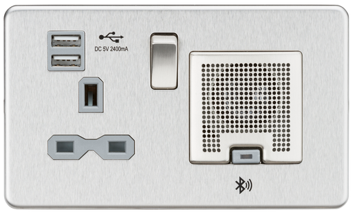 Knightsbridge SFR9905BCG Screwless 13A Socket + 2xUSB(2.4A) + Bluetooth Speaker - Brushed Chrome + Grey Insert - westbasedirect.com